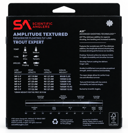 Back of a Scientific Anglers Trout Expert fly line package, showing product details, specifications table, and AST technology text on a black background.
