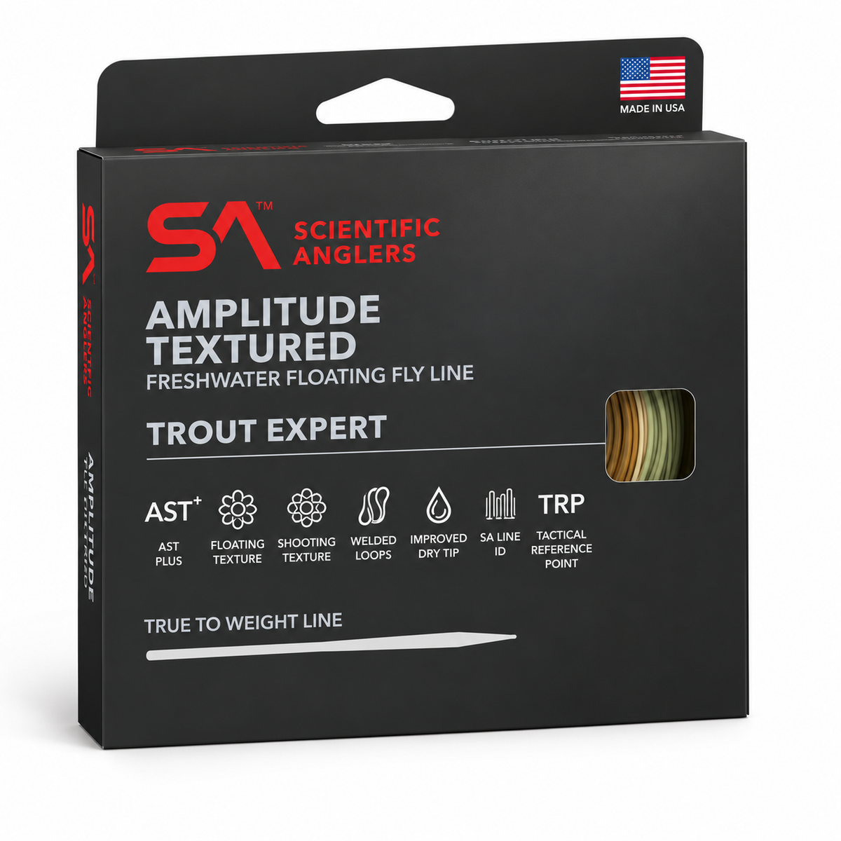Scientific Anglers Amplitude Textured Trout Expert freshwater floating fly line in its retail packaging, featuring a black box with red and white text and a small window showing the textured line.